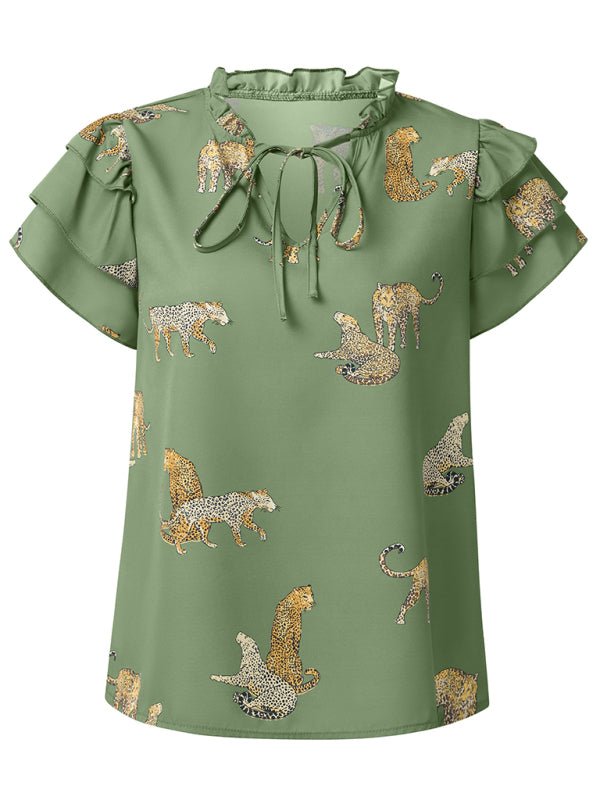 New casual summer V - neck printed ruffle sleeve top - Top